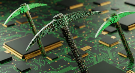 Three stylized pickaxes with a circuit board pattern are arranged on a dark background covered with green circuit board traces and gold-colored electronic components. The pickaxes have green glowing edges and black handles with intricate circuit patterns.の素材