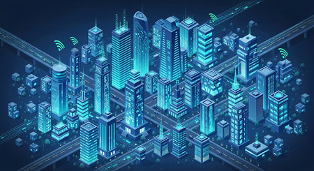 An isometric view of a futuristic city at night, rendered in glowing blue tones. Numerous skyscrapers of varying heights and designs are clustered together, illuminated with internal blue light. Roads and elevated highways with subtle light trails weave through the cityscape. Green wifi signal icons are visible above some buildings, indicating connectivity. The overall mood is technological and advanced.の素材
