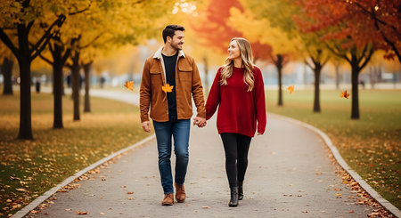A couple walks hand-in-hand on a park path lined with trees displaying vibrant autumn colors.の素材