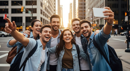 Six smiling young adults take a selfie on a city street with tall buildings in the background.の素材