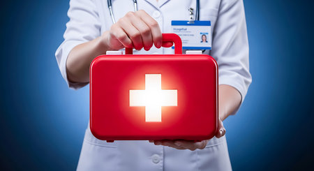 A person in a white lab coat and stethoscope holds a red first aid kit with a glowing white cross.の素材