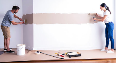 A man and woman paint a wall beige using a roller and brush. Painting supplies are laid out on a drop cloth.の素材