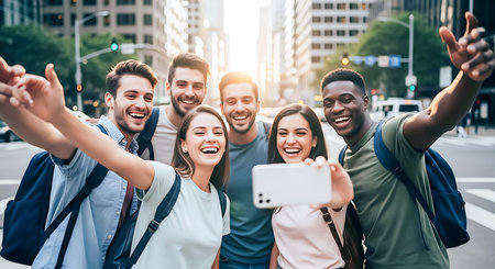 Six diverse young adults laugh and smile while taking a selfie with a smartphone on a sunlit city street with tall buildings.の素材