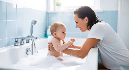 Mother and baby in a foamy bathtub with blue tiled walls. Water runs from the faucet into the tub.の素材