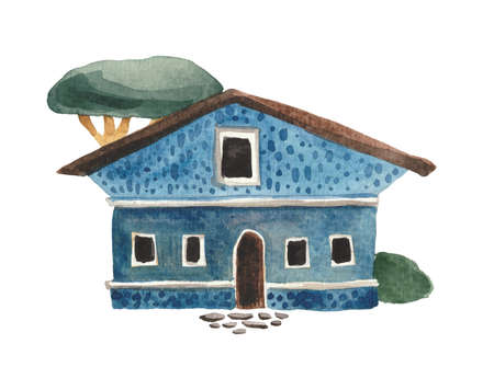 Hand-painted watercolor painting, European-style house with a square dormer-window, porch and with tree on the side. Object on a white background, for design compositions on the theme of farm lifeの写真素材