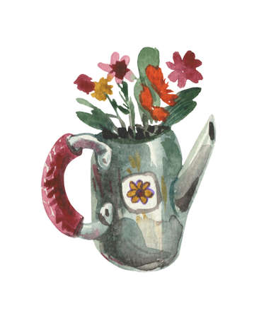 Hand-painted watercolor drawing, garden metal watering can with flowers. Object on a white background, for design compositions on the theme of farm life or life in the suburbs.の写真素材