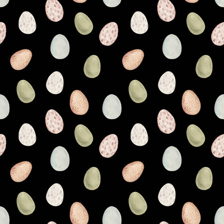 Watercolor seamless pattern of farm bird eggs, eco theme. An excellent solution for products that are positioned as not containing harmful additives and a healthy lifestyle.の写真素材