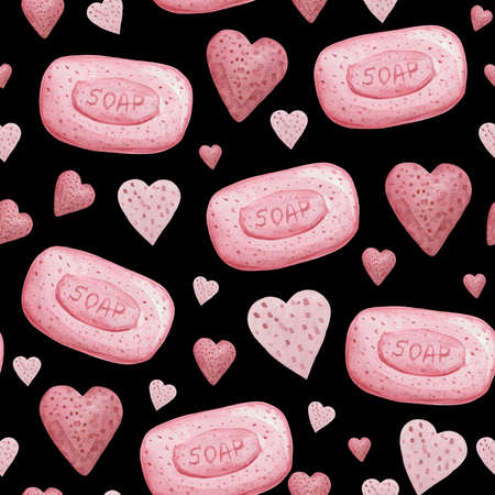 Watercolor seamless pattern on the theme of cleanliness and hygiene. Includes classic and heart-shaped rose soap. Image for cosmetics and skin care products.の写真素材