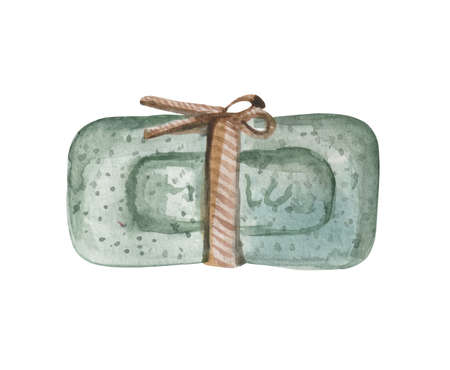 Watercolor element on white background. Handmade stylized shower soap with a ribbon. For design compositions on the topic of hygiene, bathroom, cleanliness, cosmetics, body care.の写真素材