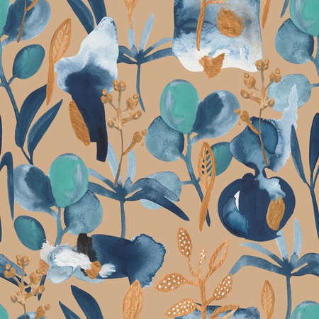 Watercolor pattern of leaves and plants dedicated to wedding and spring.の写真素材