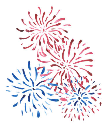 Blue and red fireworks isolated on white background, painted in watercolor. Elements for composition on the patriotic theme: Independence day, flag day of the USの写真素材