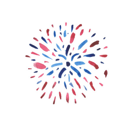 Blue and red fireworks isolated on white background, painted in watercolor. Elements for composition on the patriotic theme: Independence day, flag day of the USの写真素材