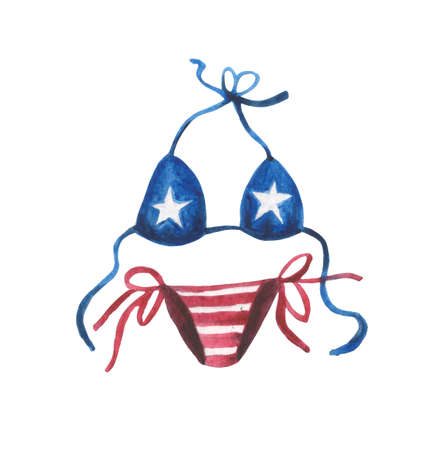 Watercolor star-striped bikini swimsuit in the coloring of the US flag. The element is hand-drawn for compositions on the theme of Independence Day or the USA flag day, holiday and fun.の写真素材