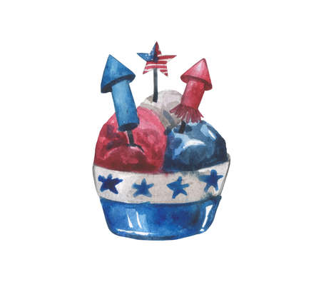 Watercolor stylized composition of a bowl with ice cream, rockets and a star in the colors of the US flag. For patriotic compositions such as Independence Day or Flag Dayの写真素材