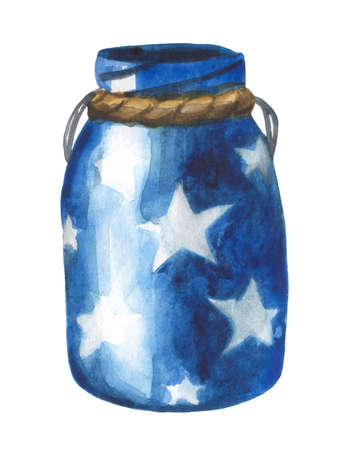 Watercolor aluminum jars with a handle in the coloring of the US flag for drinks. For compositions on the theme of parties on the occasion of Independence Day or Flag Dayの写真素材
