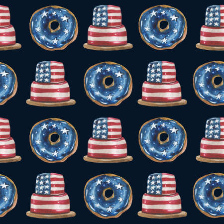 Watercolor seamless rhythmic pattern of glazed donuts and cakes in the colors of the USA star-striped flag. For compositions on the theme of patriotic holidays.の写真素材