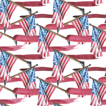 Watercolor seamless pattern of USA flags on a flagpole and ribbons in the color of the USA star-striped flag. For compositions on the theme of patriotic holidays. On a white backgroundの写真素材