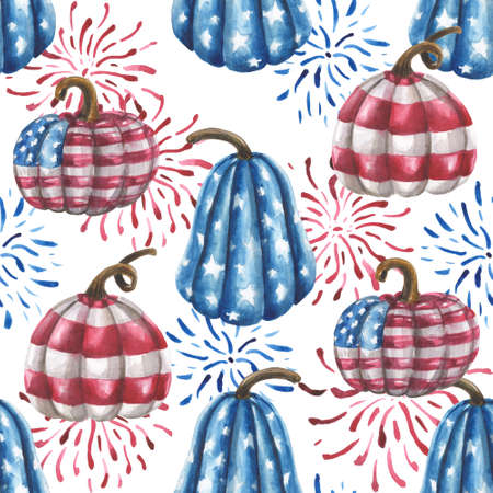 Watercolor seamless pattern of decorative pumpkins and salute in the colors of the USA star-striped flag. For compositions on the theme of patriotic holidays. On a white backgroundの写真素材