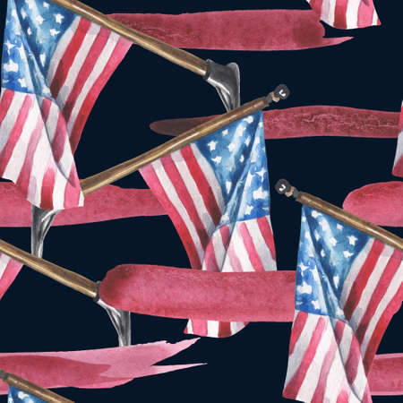 Watercolor seamless pattern of USA flags on a flagpole and ribbons in the color of the USA star-striped flag. For compositions on the theme of patriotic holidays. On a black backgroundの写真素材