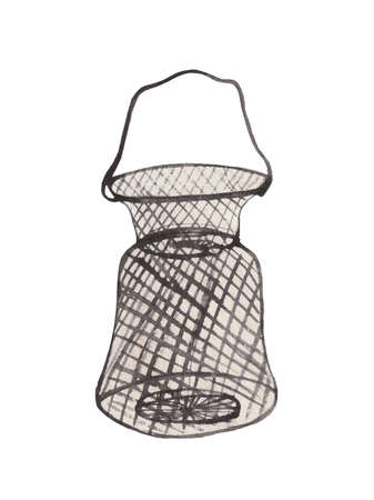 Watercolor element on white background, wire fishing basket.の写真素材