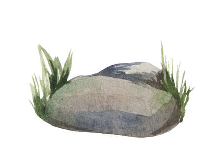 Watercolor element, stone lined with water with greenery.の写真素材