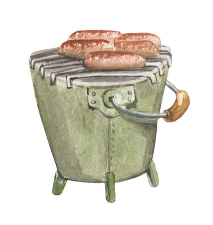 Watercolor element on white background, BBQ marching bucket with sausages on the grill. For decoration of design compositions on the theme of tourism, hiking, outdoor vacations.の写真素材