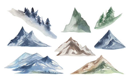 Aquarelle set of highlands of snow-capped mountain ranges, rocks and slopes covered with conifers. For design compositions on a theme of hiking and climbing the mountains. purity of nature, clear airの写真素材