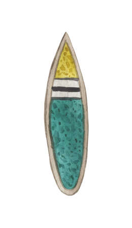 Watercolor blue surfboard sticking out of the sand on a white background. For design compositions on the theme of active summer holidays, vacations, holidays on the coast of an ocean or a seaの写真素材