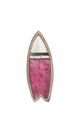 Watercolor blue surfboard sticking out of the sand on a white background. For design compositions on the theme of active summer holidays, vacations, holidays on the coast of an ocean or a seaの写真素材