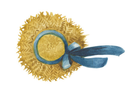 Watercolor straw women's hat tied with a blue ribbon with a bow. Object on a white background, for the design of compositions on the theme of summer sunny vacations and holidays on the coast of a seaの写真素材