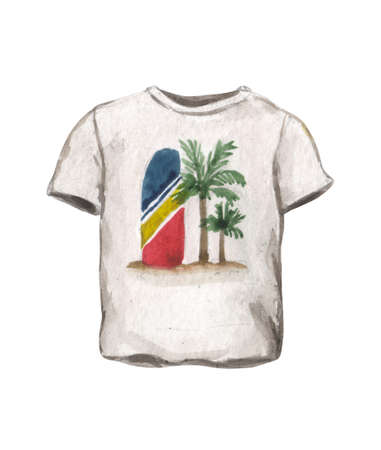 Watercolor t-shirt with a print of surfboards and palm trees on a white background, for design compositions on the theme of vacation, travel, holidays.の写真素材