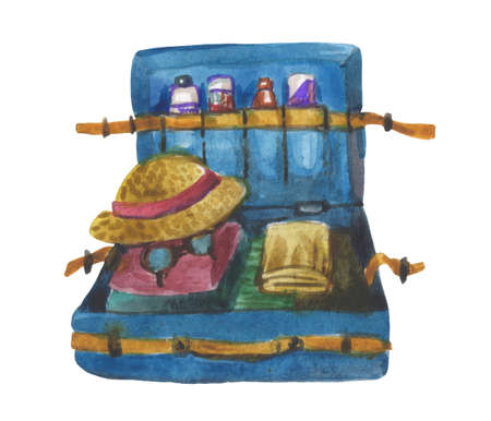 Watercolor half-opened suitcase with a straw hat and folded clothes and cosmetics on a white background for design compositions on the theme of summer vacation, travel.の写真素材