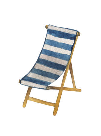 Watercolor striped striped blue and white beach chair on a white background. For design compositions on the theme of summer holidays, vacations, holidays on the ocean, sea or near the pool.の写真素材