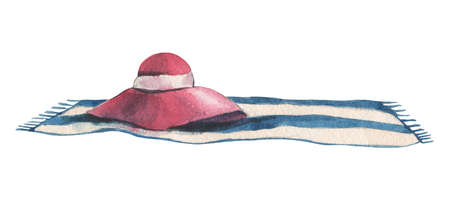Watercolor women's beach hat on a blue and white striped towel on a white background. For design compositions on the theme of summer holidays, vacations, holidays on the ocean, sea or near the pool.の写真素材