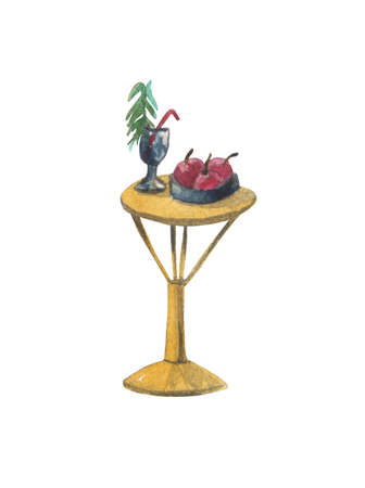 Watercolor beach table with fruit and cocktail on a white background. For design compositions on the theme of summer holidays, vacations, holidays on the ocean, sea or near the pool.の写真素材