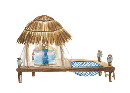 Watercolor tropical bungalow on a white background. For design compositions on the theme of active summer holidays, vacations, holidays on the coast of the ocean.の写真素材