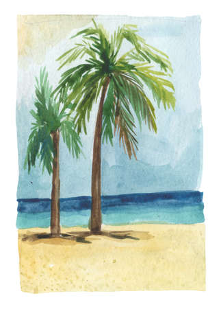 Watercolor card with palm trees on the ocean coast. Golden sand and blue abyss of water against the blue sky.の写真素材
