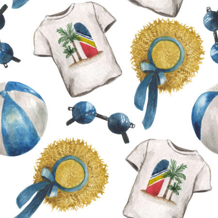 Watercolor seamless pattern with female accessories for summer holidays on the coast. For the design of the compositions on the theme of holidays, vacations, travel. On a dark white backgroundの写真素材