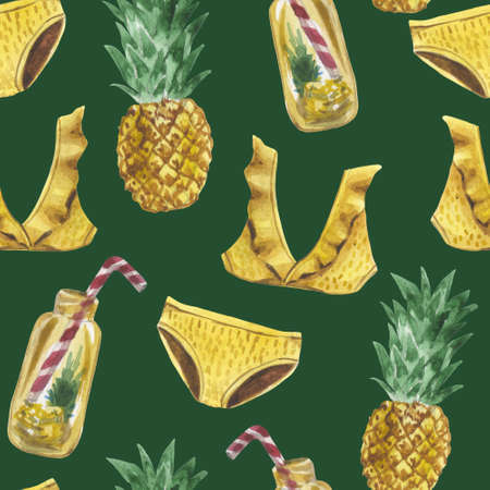 Watercolor seamless pattern of a bathing suit, jars of lemonade, pineapple. On the theme of summer holidays on the coast in a hot tropical climate. Summer mood in composition on a green background.の写真素材