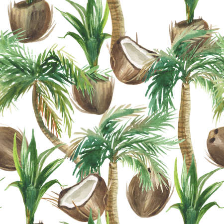 Watercolor seamless tropical pattern of half-ripe coconuts with palm tree sprouts, whole fruits and adult trees on a white background. For compositions on the theme of the sun, summer, festive mood.の写真素材