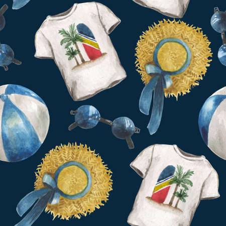 Watercolor seamless pattern with female accessories for summer holidays on the coast. For the design of the compositions on the theme of holidays, vacations, travel. On a dark blue backgroundの写真素材