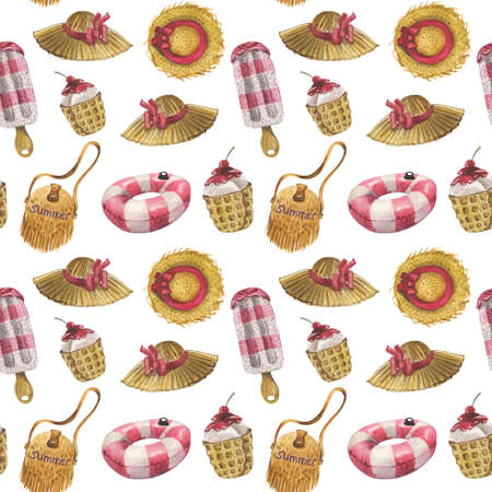 Watercolor seamless pattern with ice cream with topping, women's accessories for summer holidays on...