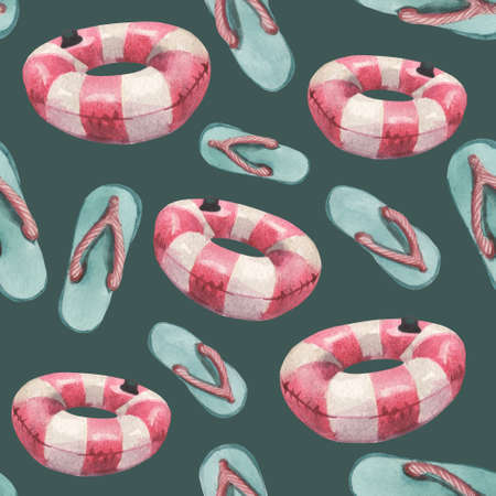 Watercolor seamless pattern of swimming rings, and beach shale. On the topic of outdoor activities on the water. Summer mood in a composition on a turquoise background.の写真素材