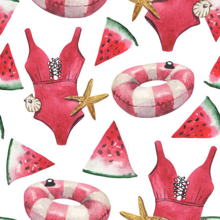 Large watercolor seamless pattern of a bathing suit, jars of lemonade, pineapple. On the theme of summer holidays on the coast in a hot tropical climate. Hot mood in composition on a white backgrounの写真素材