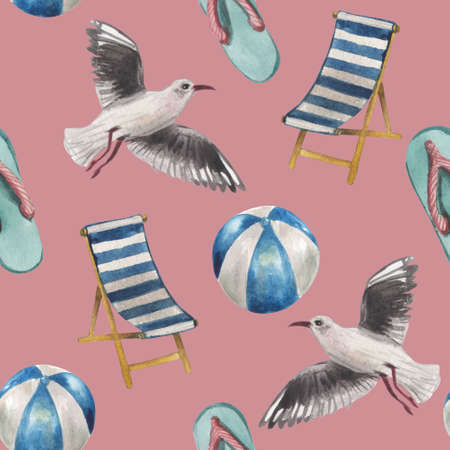Watercolor seamless pattern of gulls, and chaise longue chairs, and inflatable ball. On the topic of outdoor activities on the coast near the water. Summer mood in a composition on a pink backgroundの写真素材