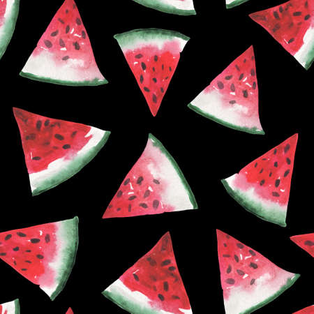 Watercolor seamless pattern of watermelon slices. On the theme of summer holidays on the coast near the water. Summer mood in a composition on a black background.の写真素材