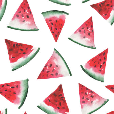 Watercolor seamless pattern of watermelon slices. On the theme of summer holidays on the coast near the water. Summer mood in a composition on a black background.の写真素材