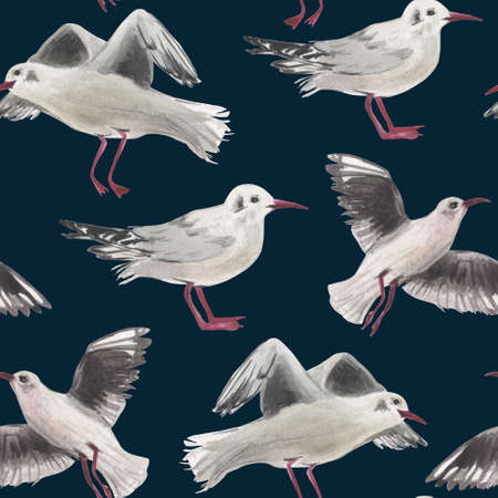 Watercolor seamless pattern of seagulls. On the topic of outdoor activities on the coast near the water. Summer mood in a compositionの写真素材