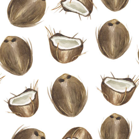 Watercolor seamless tropical pattern of whole and half coconuts on a black background. For compositions on the theme of the sun, summer, festive mood.の写真素材