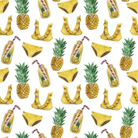 Large watercolor seamless pattern of a bathing suit, jars of lemonade, pineapple. On the theme of summer holidays on the coast in a hot tropical climate. Hot mood in composition on a white background.の写真素材